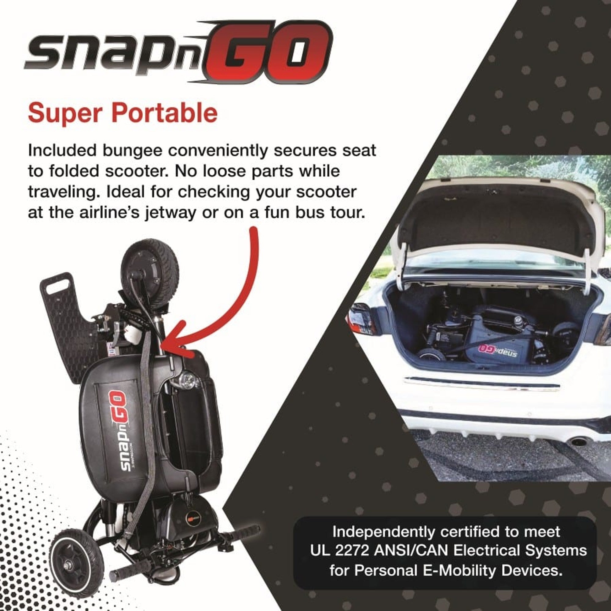 SnapnGO Sport Mobility Scooter folded and stored in a car trunk for easy transport