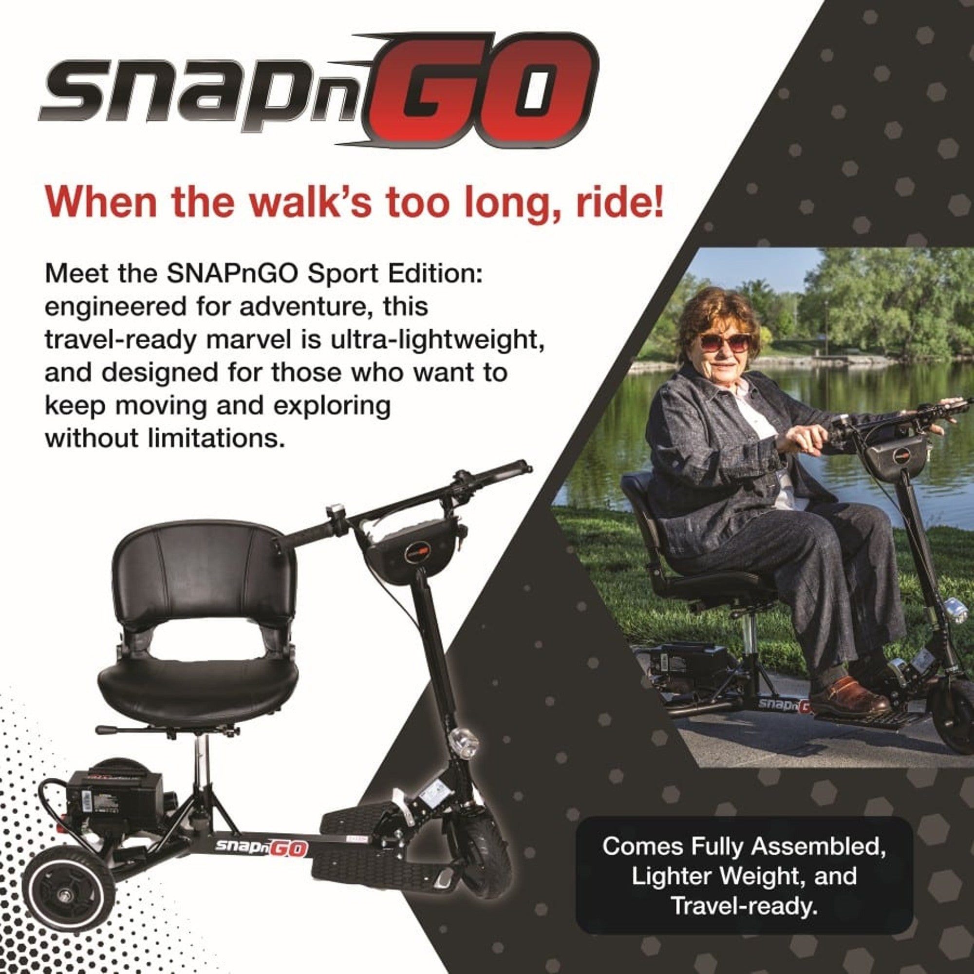 SnapnGO Sport Mobility Scooter being used outdoors for everyday mobility and comfort
