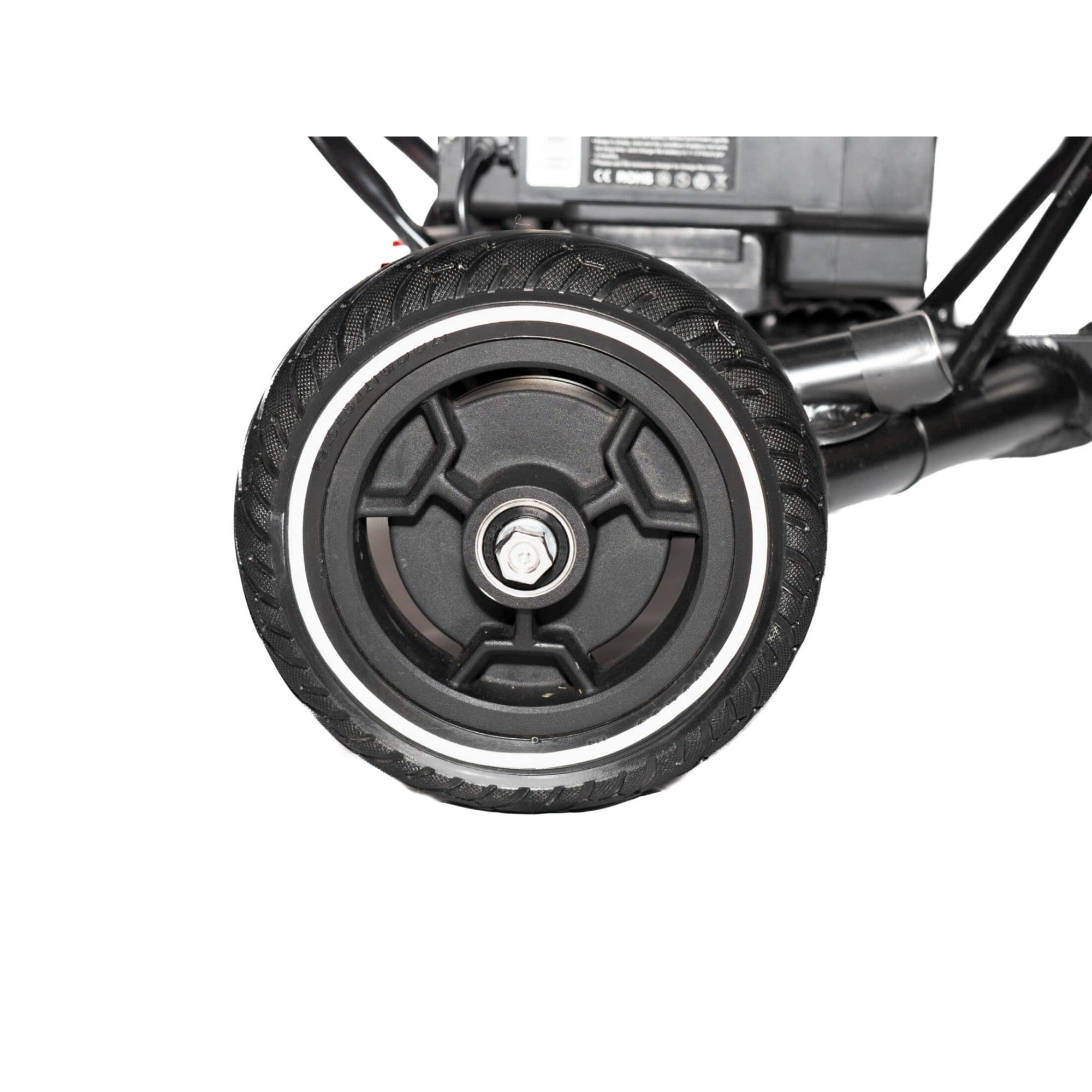 SnapnGO Sport Mobility Scooter rear wheel and tire close-up showing tread and stability