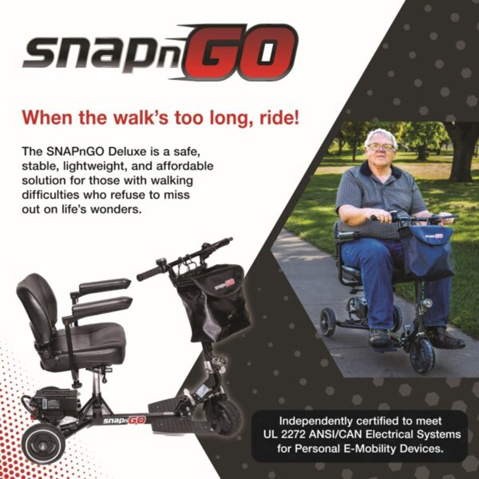 SnapnGO Deluxe Mobility Scooter lifestyle image showing comfortable outdoor riding and independence