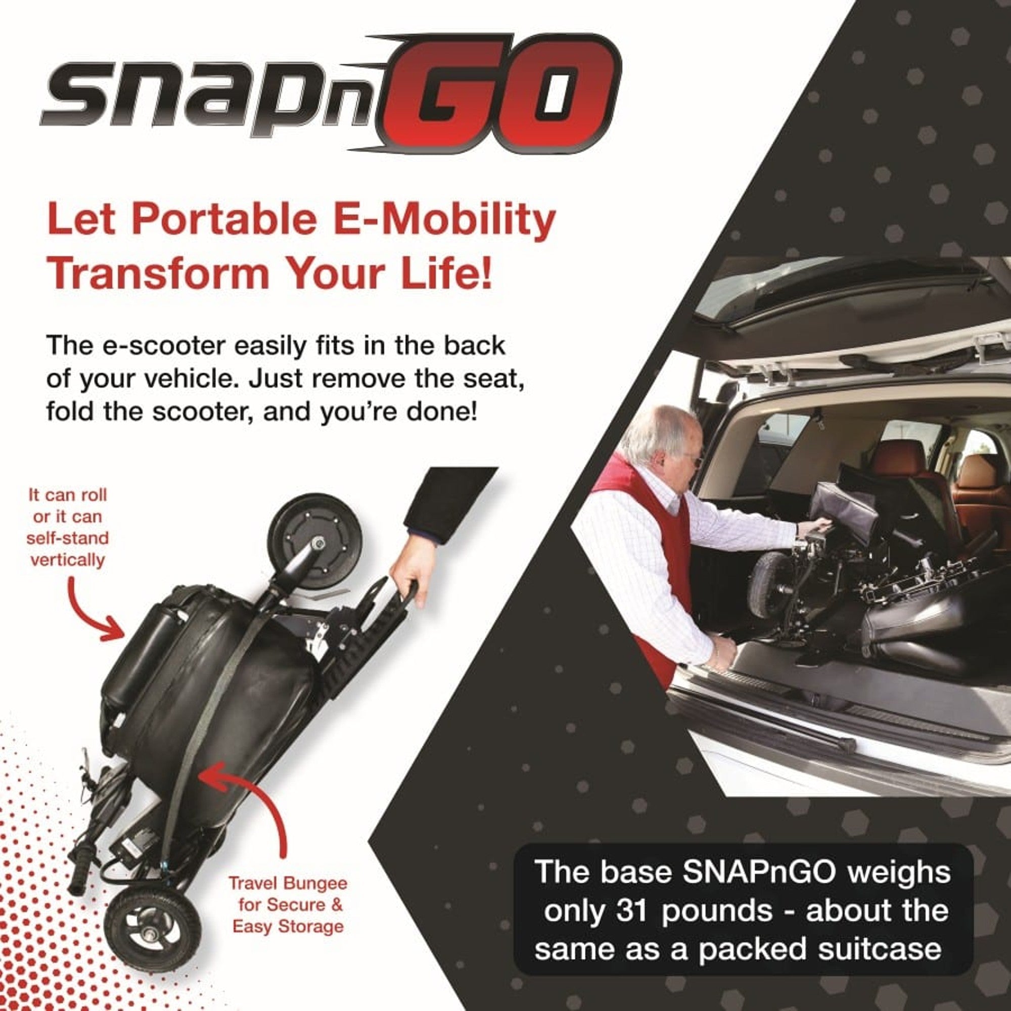 SnapnGO Deluxe Mobility Scooter portability infographic showing folding and vehicle trunk storage
