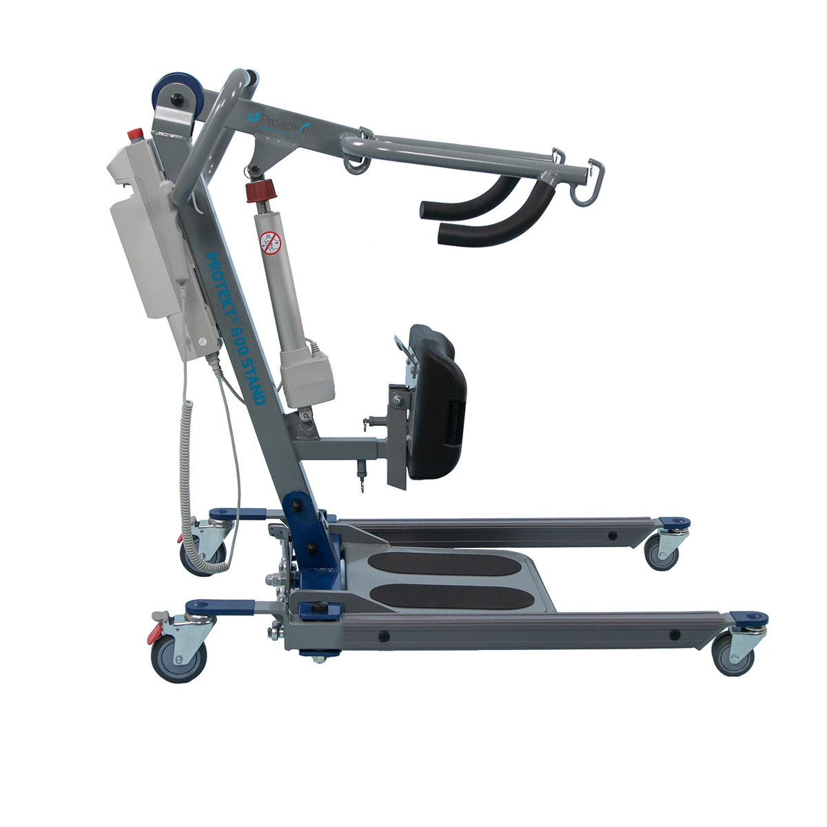 Protekt 600 Stand sit-to-stand lift side profile showing kneepad and footplate