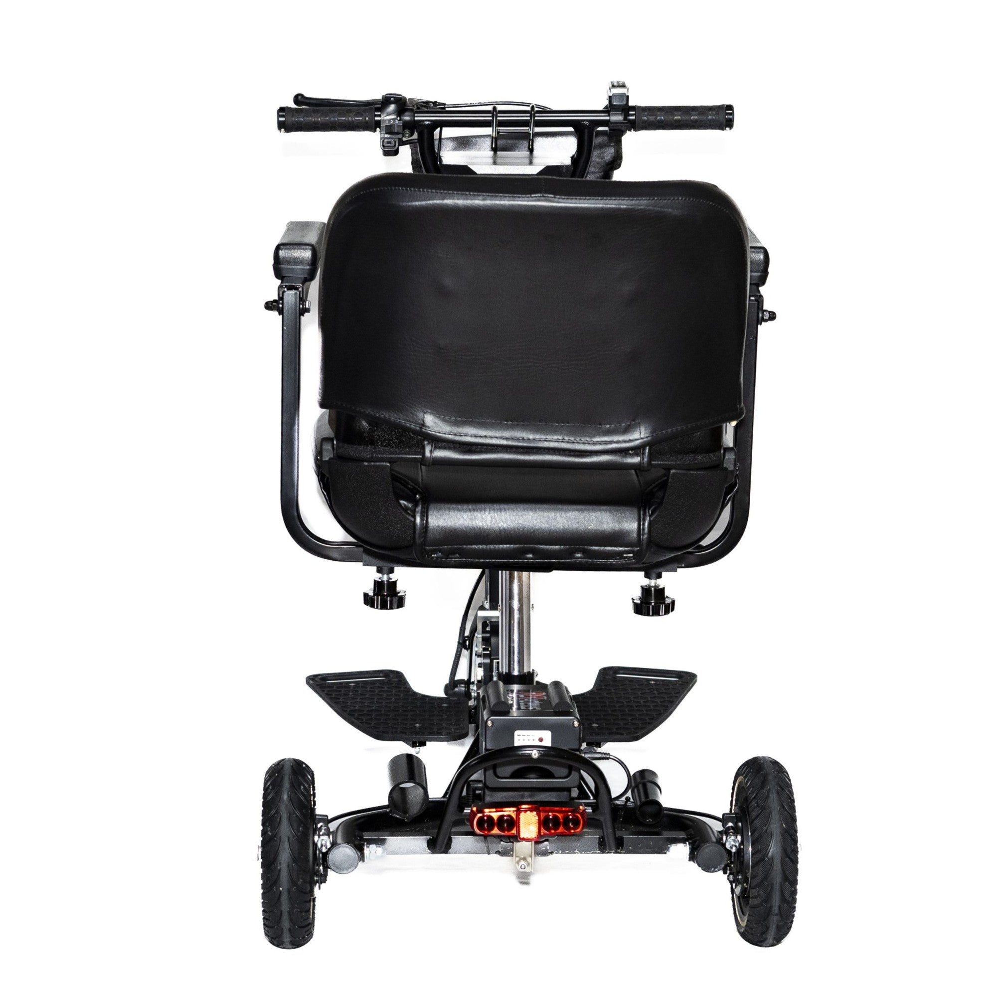 Rear view of SnapnGO Deluxe Mobility Scooter showing seat back, rear wheels, and safety lighting