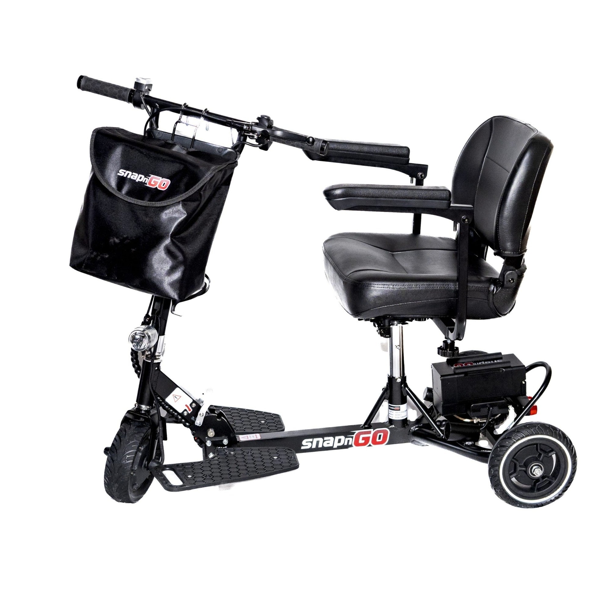 SnapnGO Deluxe Mobility Scooter side view with padded seat and stable three wheel design
